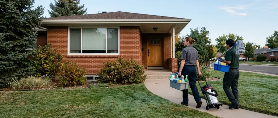 two cleaners in plain work clothes walking up the front path of a 1950s Colorado brick bungalow in early morning light, each carrying a caddy of supplies and one pulling a vacuum, entering from the right third of a wide full-length frame