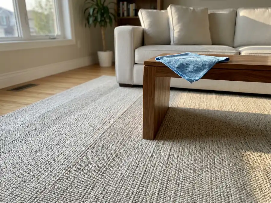 a tidy living room mid-visit with fresh vacuum lines across a wool rug, a folded microfiber cloth on a wood side table, cushions squared, afternoon light from a west window, low angle across the floor, no people in frame
