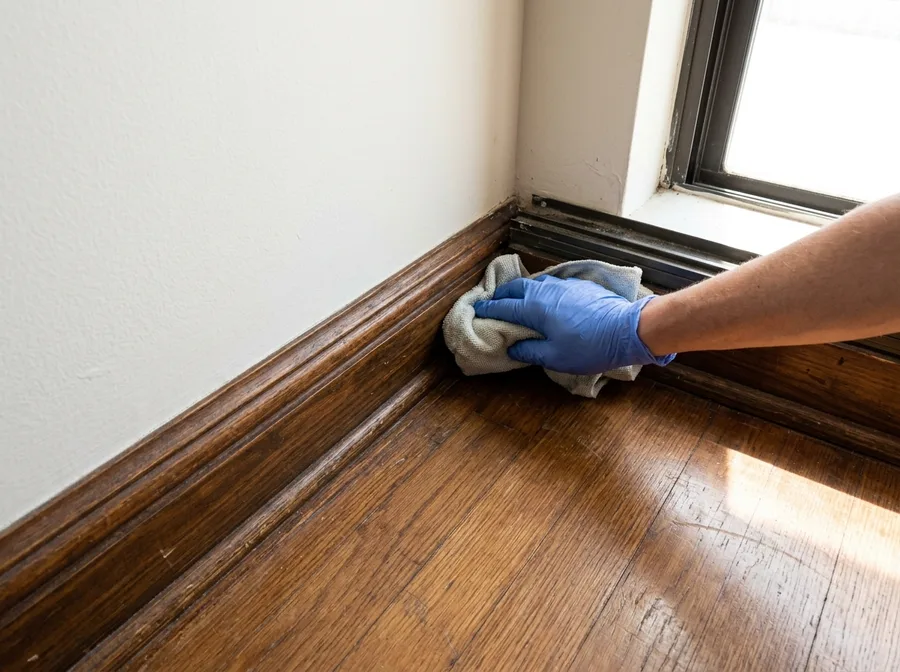 a completely empty bedroom after a move-out with bare floor and bare walls, a gloved hand wiping the baseboard and window track clean, hard daylight from an uncurtained window, shot low so the baseboard runs across frame