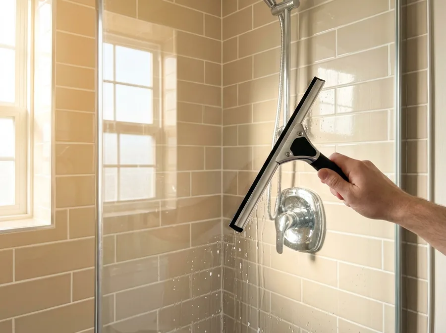 a deep-cleaned bathroom with a spotless glass shower door being finished with a squeegee, bright grout lines and a chrome fixture reflecting the window, warm tile, glass filling two thirds of frame, no product labels visible
