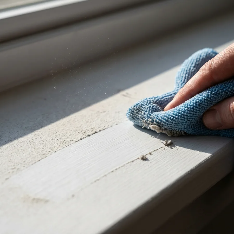 fine construction dust being wiped off a brand-new painted windowsill with a damp cloth, raking side light showing the dust line, very tight square crop on the one detail