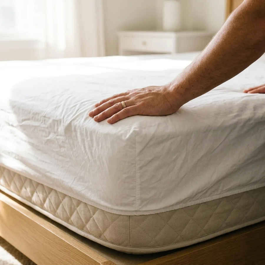 a hand smoothing a crisp white fitted sheet across a mattress corner during a short-term rental turnover, bright window light, very tight square crop on the one detail