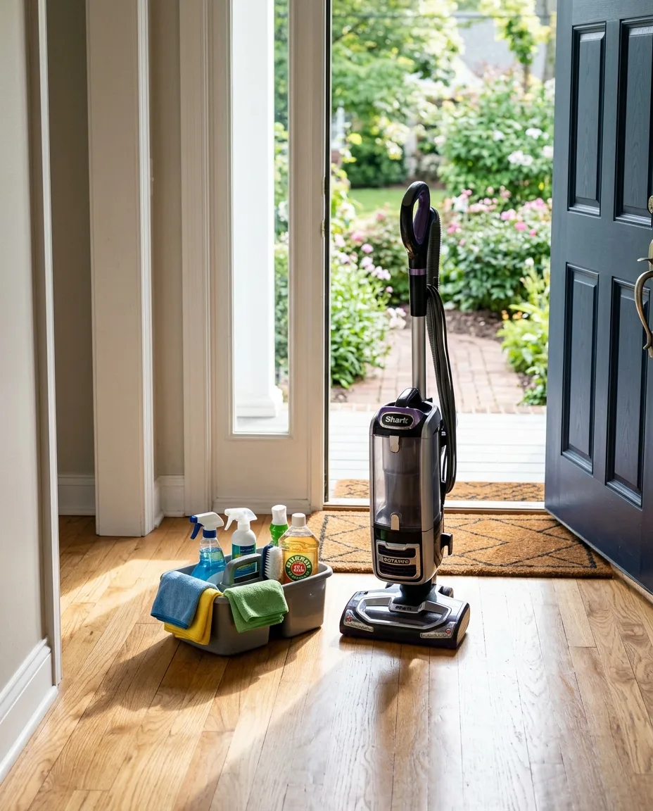a stocked supplies caddy and an upright vacuum set down on a clean hardwood entry floor beside an open front door, morning light falling across the boards, vertical frame from inside the entry hall, no people