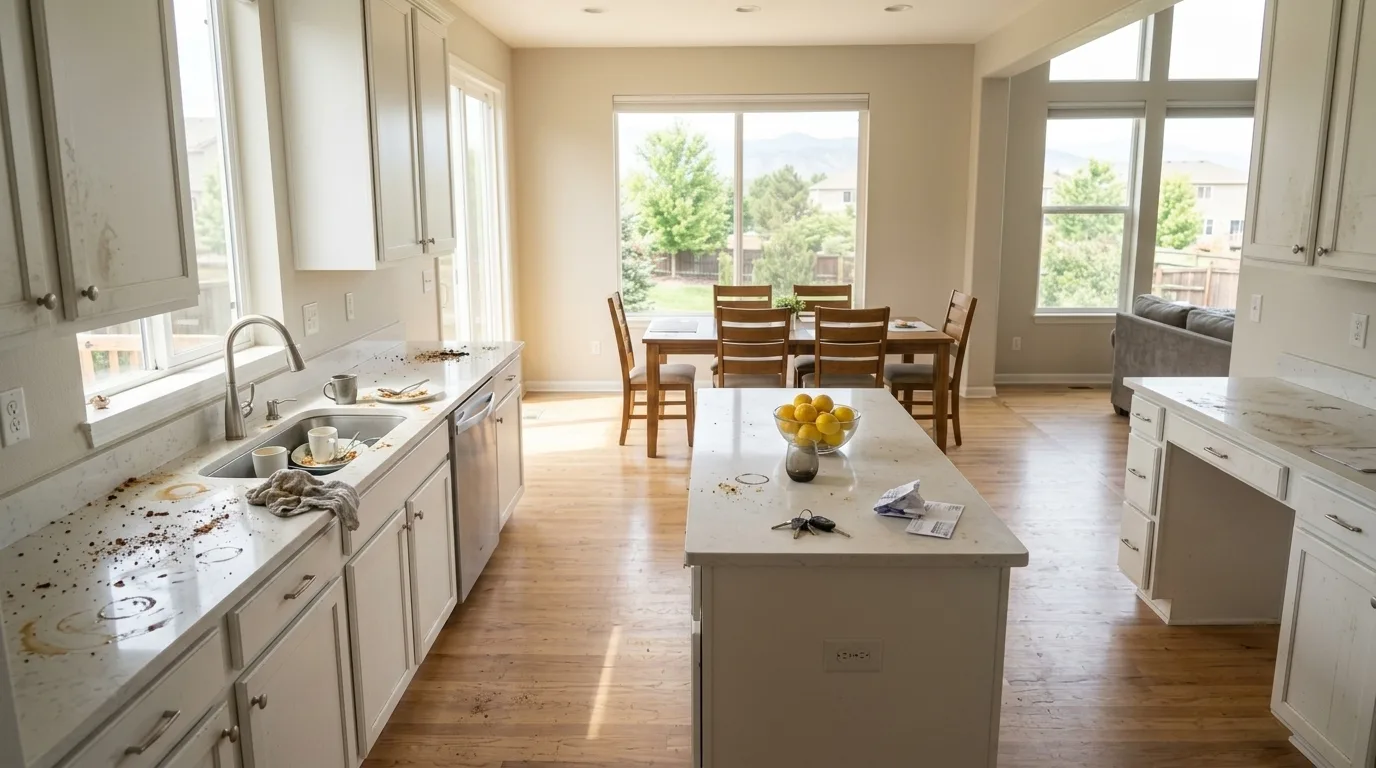 Before: a sunlit open kitchen and dining nook in a Colorado suburban home in mid-morning light, fully cleaned, with bare wiped counters, an empty sink, chairs pushed in, vacuumed floor and one bowl of lemons as the only object, shot from the kitchen doorway at standing height